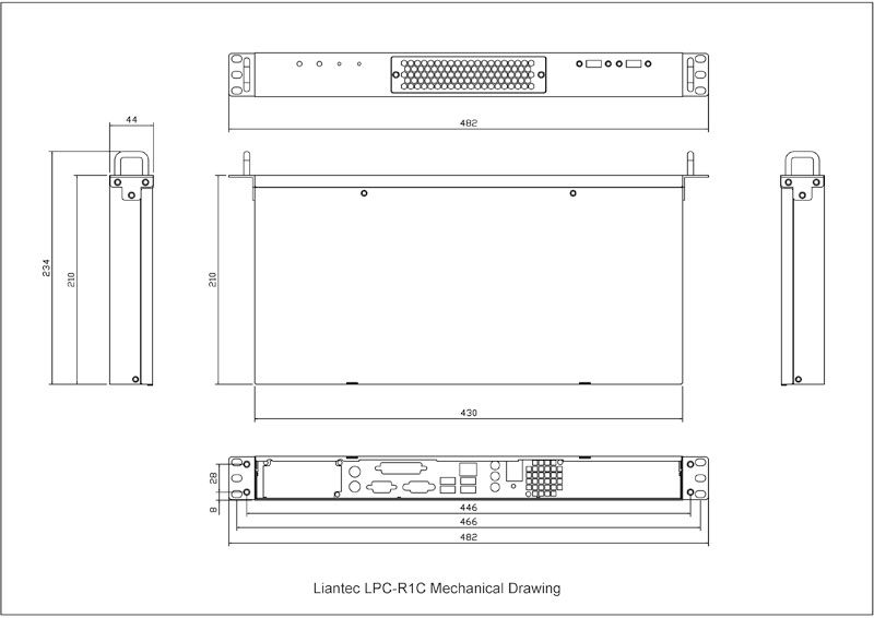 Liantec R1C Industrial 1U 19-inch Rackmount Mini-ITX Chassis Mechanical Drawing